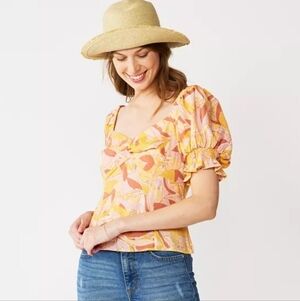 Nine West Orange Floral Blouse Top with Puff Sleeves | Medium